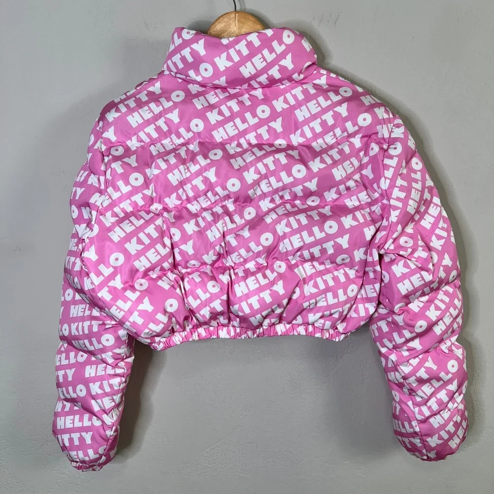 SHEIN x Hello Kitty Pink Puffer‎ Jacket Cropped Full Zip Embroidered Kids Size L